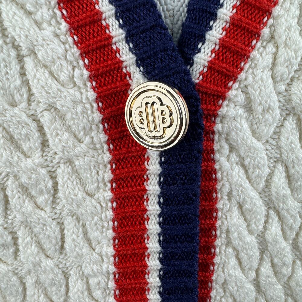 Maje Cream Cable-Knit Cardigan with Red & Navy Trim - Picture 6 of 8
